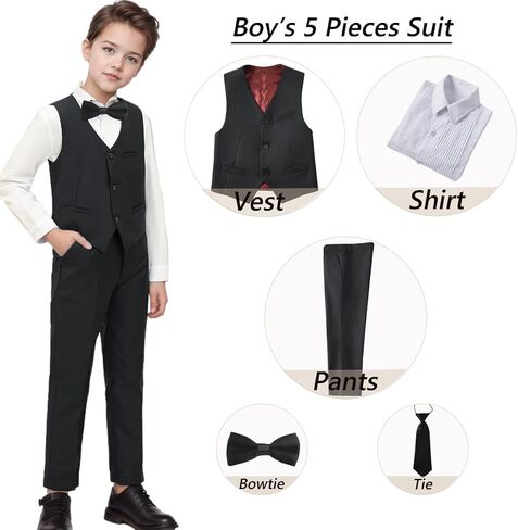 Boy's Suit Slim Fit 5 Piece Formal Prom Teen Suits Tuxedo Wedding Set Toddler Boy Dress with Vest Shirt Pant Tie for Kid Boys in Saudi Arabia