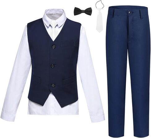 Boy's Suit Slim Fit 5 Piece Formal Prom Teen Suits Tuxedo Wedding Set Toddler Boy Dress with Vest Shirt Pant Tie for Kid Boys in Saudi Arabia