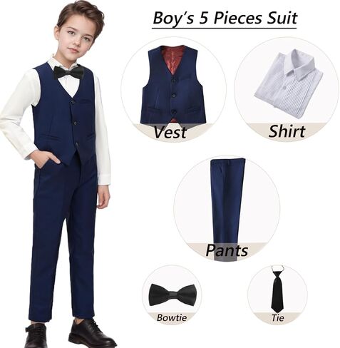Boy's Suit Slim Fit 5 Piece Formal Prom Teen Suits Tuxedo Wedding Set Toddler Boy Dress with Vest Shirt Pant Tie for Kid Boys in Saudi Arabia