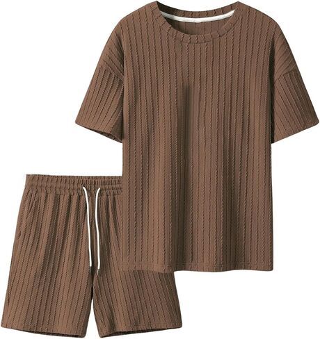 GORGLITTER Men's Vacation Beach Outfits Textured Short Sleeve Tee and Shorts Sets Tracksuit in Saudi Arabia