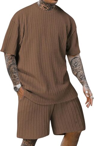 GORGLITTER Men's Vacation Beach Outfits Textured Short Sleeve Tee and Shorts Sets Tracksuit in Saudi Arabia