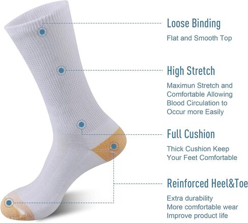 ECOEY Copper Ion Diabetic Socks for Men, Cotton Circulator Socks Non-Bonding Loose Wide Top, Crew Length 9-11 10-13 in Saudi Arabia