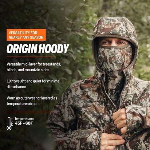 First Lite Men’s Origin Hoody - Lightweight Knit Fleece Insulated Camo Hunting Pullover, Thermal Mid Layer With Face Mask in Saudi Arabia