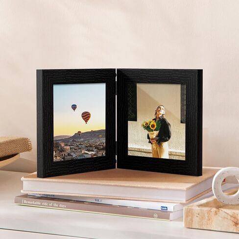 إطار صورة مزدوج eletecpro أسود مقاس 4x6، إطار صورة مفصلي مع زجاج مقسى، إطار صورة قابل للطي يعرض صورتين لتزيين المنزل على الطاولة in Kuwait