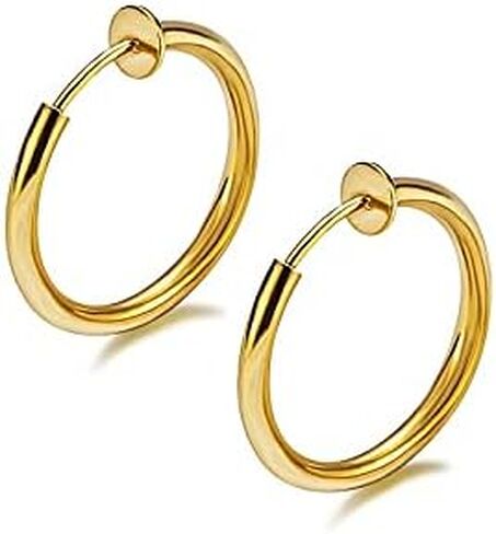 Gold Clip On Spring Hoop Earrings for Women - 14K Gold Chunky Non Pierced Earring Plated Hoops Drop Dangle Earrings No Piercing Jewelry in Saudi Arabia