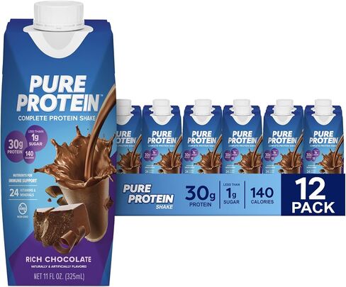 Pure Protein Chocolate Protein Shake, 30g Complete Protein, Ready to Drink and Keto-Friendly, Vitamins A, C, D, and E plus Zinc to Support Immune Health, 11oz Bottles, 12 Pack in Saudi Arabia