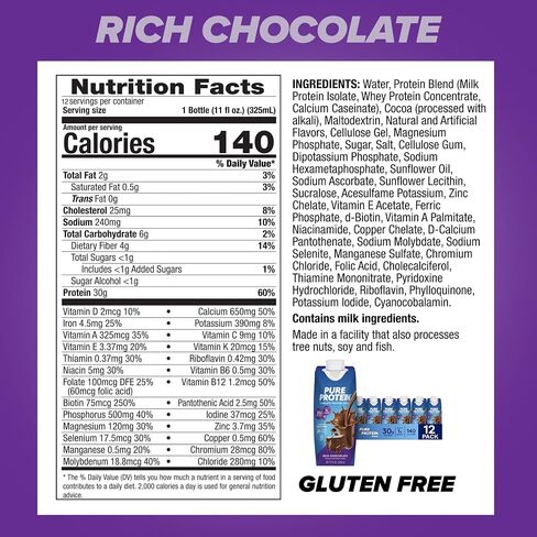 Pure Protein Chocolate Protein Shake, 30g Complete Protein, Ready to Drink and Keto-Friendly, Vitamins A, C, D, and E plus Zinc to Support Immune Health, 11oz Bottles, 12 Pack in Saudi Arabia