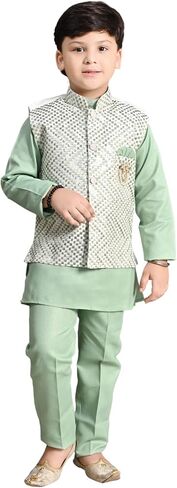 Boys Sequinned Mandarin Collar Straight Kurta With Trousers With Waistcoat in Saudi Arabia