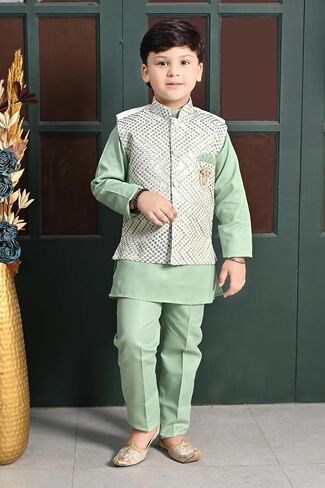 Boys Sequinned Mandarin Collar Straight Kurta With Trousers With Waistcoat in Saudi Arabia