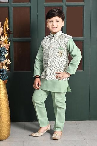 Boys Sequinned Mandarin Collar Straight Kurta With Trousers With Waistcoat in Saudi Arabia