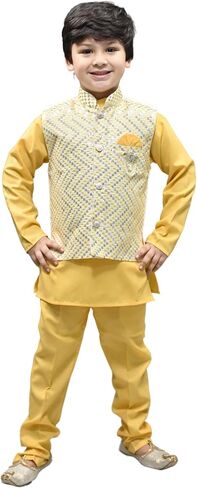 Boys Sequinned Mandarin Collar Straight Kurta With Trousers With Waistcoat in Saudi Arabia
