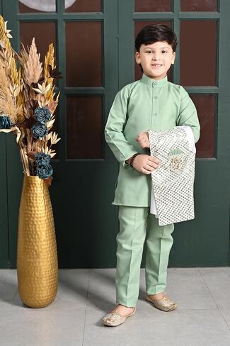 Boys Sequinned Mandarin Collar Straight Kurta With Trousers With Waistcoat in Saudi Arabia