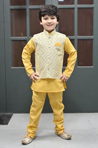 Boys Sequinned Mandarin Collar Straight Kurta With Trousers With Waistcoat in Saudi Arabia