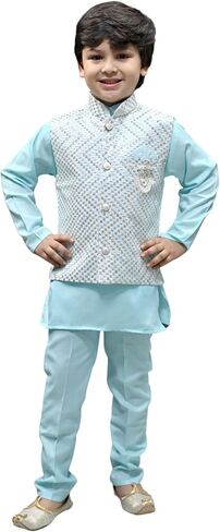 Boys Sequinned Mandarin Collar Straight Kurta With Trousers With Waistcoat in Saudi Arabia