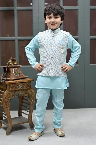 Boys Sequinned Mandarin Collar Straight Kurta With Trousers With Waistcoat in Saudi Arabia