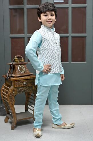 Boys Sequinned Mandarin Collar Straight Kurta With Trousers With Waistcoat in Saudi Arabia