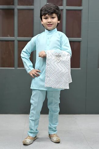Boys Sequinned Mandarin Collar Straight Kurta With Trousers With Waistcoat in Saudi Arabia
