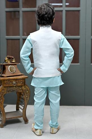 Boys Sequinned Mandarin Collar Straight Kurta With Trousers With Waistcoat in Saudi Arabia