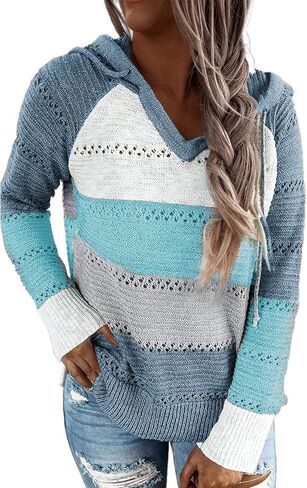 FEKOAFE Women's 2025 Fall Striped Color Block Hoodies Fashion V Neck Knit Sweater Pullovers in Kuwait