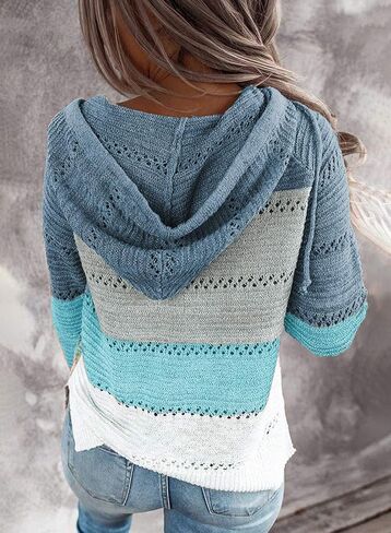 FEKOAFE Women's 2025 Fall Striped Color Block Hoodies Fashion V Neck Knit Sweater Pullovers in Kuwait