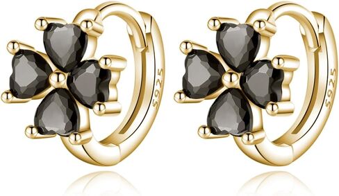 Reffeer Solid 925 Sterling Silver CZ Clover Flower Hoop Earrings Huggie for Women Teen Girls Black Clover Hoop Earrings Shamrock in Saudi Arabia
