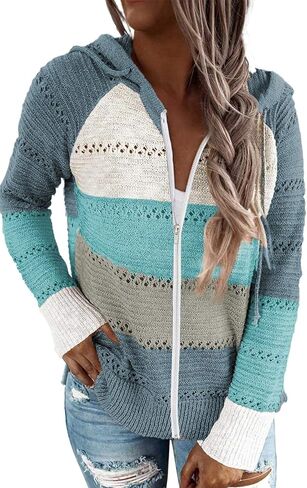 FEKOAFE Women's 2025 Fall Striped Color Block Hoodies Fashion V Neck Knit Sweater Pullovers in Kuwait