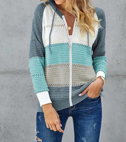 FEKOAFE Women's 2025 Fall Striped Color Block Hoodies Fashion V Neck Knit Sweater Pullovers in Kuwait