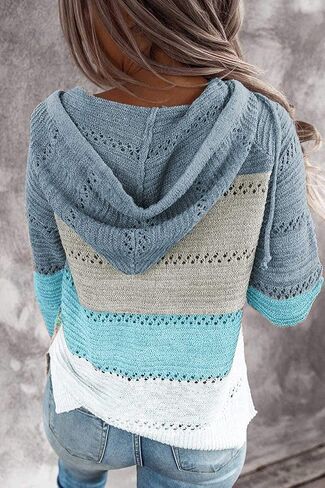 FEKOAFE Women's 2025 Fall Striped Color Block Hoodies Fashion V Neck Knit Sweater Pullovers in Kuwait