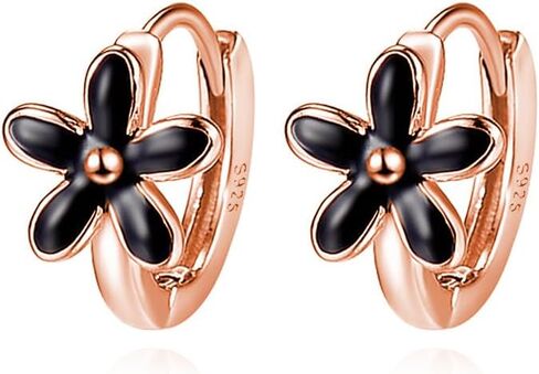Reffeer Solid 925 Sterling Silver Daisy Flower Hoop أقراط Huggie للنساء المراهقات الزهرة الأسود أقراط الأقطاب الحلزونية in Saudi Arabia