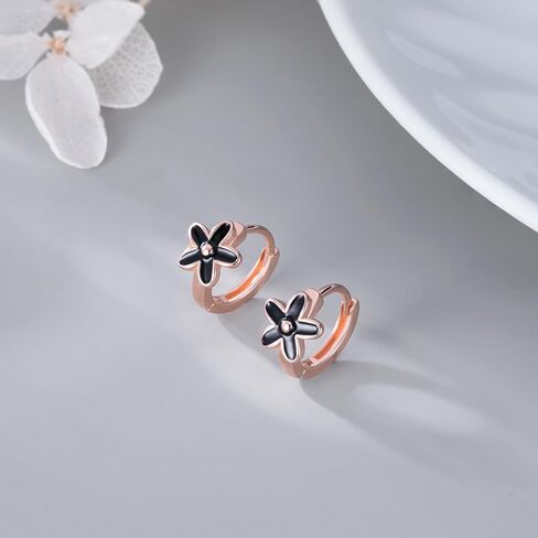 Reffeer Solid 925 Sterling Silver Daisy Flower Hoop أقراط Huggie للنساء المراهقات الزهرة الأسود أقراط الأقطاب الحلزونية in Saudi Arabia