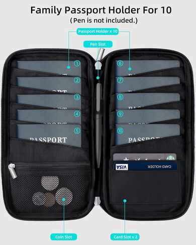 حامل جواز السفر لعائلة السفر ، محفظة حظر RFID ومنظم الوثيقة لـ 10 جوازات سفر ، للبطاقات ، تمريرات الصعود إلى الصعود ، والمال ، والتذاكر مع Zipper ، و Travel Essentials (Black) in Saudi Arabia