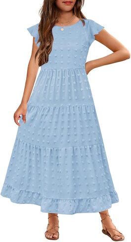 Hosika Girls Maxi Dress Sleeve Swiss Swiss A Line Tiered Flowy Disual Party Dresses with Mobicets for 6-12 y in Kuwait