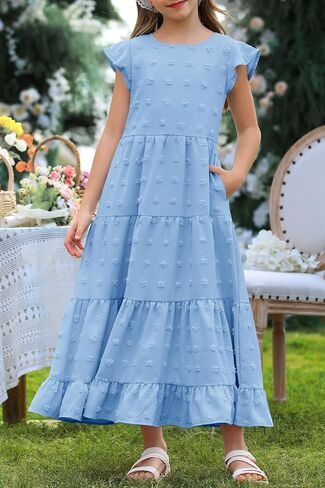 Hosika Girls Maxi Dress Sleeve Swiss Swiss A Line Tiered Flowy Disual Party Dresses with Mobicets for 6-12 y in Kuwait