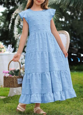 Hosika Girls Maxi Dress Sleeve Swiss Swiss A Line Tiered Flowy Disual Party Dresses with Mobicets for 6-12 y in Kuwait