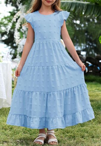 Hosika Girls Maxi Dress Sleeve Swiss Swiss A Line Tiered Flowy Disual Party Dresses with Mobicets for 6-12 y in Kuwait