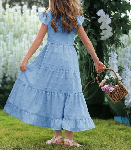 Hosika Girls Maxi Dress Sleeve Swiss Swiss A Line Tiered Flowy Disual Party Dresses with Mobicets for 6-12 y in Kuwait