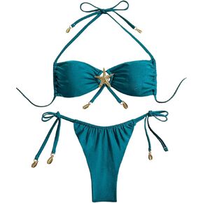 Oyoangle Women's 2 قطعة السباحة النجمة Tie Tie Backless Halter Bikini مجموعة التعادل بدلات الاستحمام