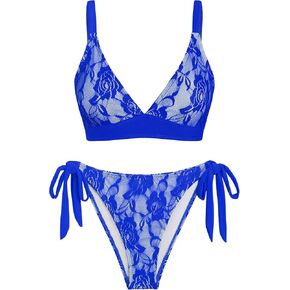 seamoly Women's Bikini Sets Halter Neck Crochet Colorblock Two Piece Swimsuits Open Back Sexy High Cut Thong Bathing Suit
