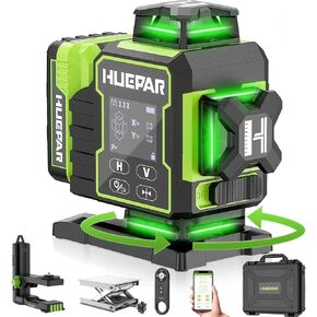 Huepar Laser Level 360 Self Leveling, 4x360° Bluetooth Laser Level with Electric Rotating Base ＆ Large LCD Screen, 4D 16 Lines Green Cross lazer leveler tool for Construction, Remote Control-W04CG