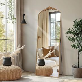 Melodieux 58"x18" Arched Full-Length Mirror - Freestanding or Wall-Mounted, Vintage Carved Gold Metal Frame for Bedroom, Living Room & Entryway