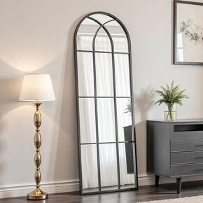 OGCAU Arched Full Length Mirror, 65"x22" Window Mirror, Floor Length Hanging or Leaning, Full Body with Iron Frame Window Pane for Bedroom Living Room (Black)
