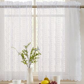 HLC.ME Sophia Floral Rod Pocket Lace Semi Sheer Voile Short Cafe Tiers for Small Windows - 28 x 24 Inch Length (White Tiers, Set of 2)