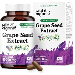 Wild & Organic Grape Seed Extract Capsules - 20,000 mg Strength Grapeseed Extract Equivalent - 95% Polyphenols - 400 mg per Serving - 120 Vegan Capsules - 4 Month Supply - Non-GMO