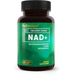 BioEmbled NAD+ ملحق | 300 ملغ من الريبوسيد النيكوتيناميد مع CoQ10 & Resveratrol | يدعم الشيخوخة الصحية والطاقة الخلوية والوظيفة المعرفية | غير المعدل وراثيًا ، خالي من الغلوتين - 45 كبسولة