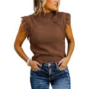 Womens Summer Sleeveless Sweater Vest 2025 Mock Neck Cable Knit Fringe Cap Sleeve Boho Trendy Pullover Tank Tops