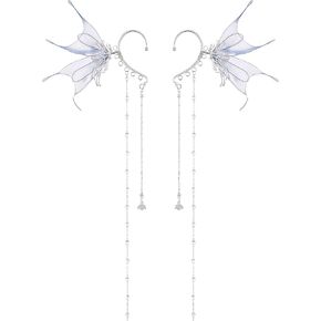 FRESHME Elf Fairy Ear Cuffs - Blue Butterfly Wings Elven Ear Cuffs with Glass Beads Tassel Non Pierced Mermaid Ears for Women Renaissance Dress Up Renfaire Costume Cosplay Makeup Fantasy Accessories