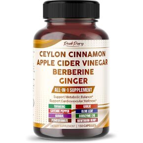 Ultra All-in-1 Ceylon Cinnamon, Apple Cider Vinegar, Berberine & Ginger – Supports Metabolic Balance & Heart Wellness – Made in The USA – 150 Capsules