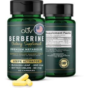 oliv Pure Berberine Supplement Capsules – Berberine HCI 1000mg - Natural Metabolic Support with 200mg Bitter Melon Fruit Extract and 50mg Banaba Leaf – 2 Veggie Capsules Daily (30 Servings)