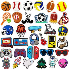 35 PCS Shoe Charms for Boys Teens, Sports, Video Game, Astronaut Shoe Decoration Charms for Clog Slides Sandals