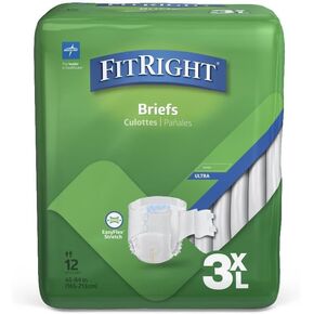 Medline FitRight Incontinence Diapers, Specialty Size Adult Diapers, for Men and Women, Maximum Protection, Waist Size 65"–84", 3XL, 12 Briefs per Bag, 1 Bag